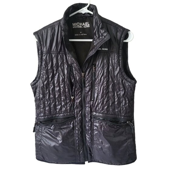 Michael Kors Black Quilted Shiny Puffer Vest Size M Full Zip Pockets High Collar - Picture 10 of 13